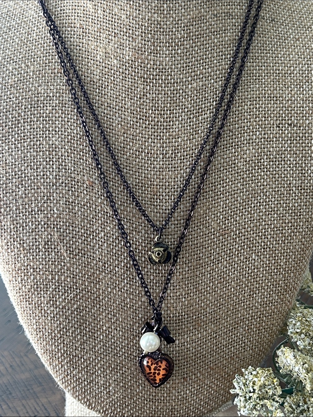 Betsey Johnson Antique Bronze Multi-Layer Necklace with Pink Flower/2 necklaces - Picture 4 of 10